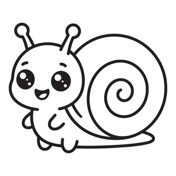 Cute cartoon snail character with big eyes in a simple black and white line art style drawing vector design.