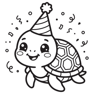 Cute cartoon turtle wearing a party hat with falling confetti for a birthday celebration vector design.