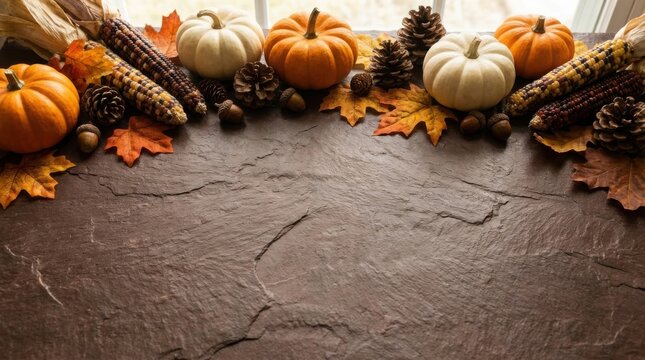 Festive thanks giving day still life pumpkins corn and autumn leaves on rustic surface