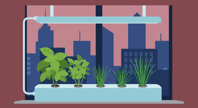 Indoor hydroponic garden with led grow lights in a modern city apartment
