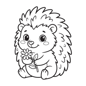 Cute little hedgehog holding a small flower for a fun coloring page for kids vector design.