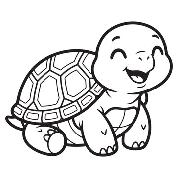 Cute happy little turtle cartoon character black and white line art drawing vector design.