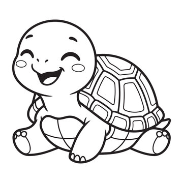 Cute happy baby turtle cartoon character black and white line art drawing for coloring book page vector design.
