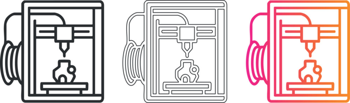 Colorful linear line art of 3d printer icons in three variants