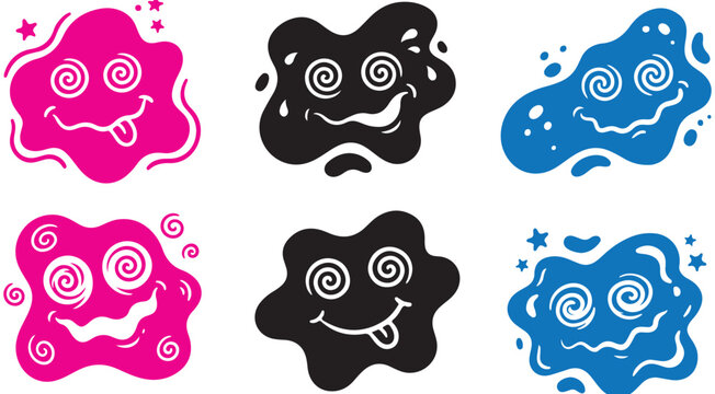 Silly cartoon blob monster faces with spiral eyes and crazy expressions vector graphic set