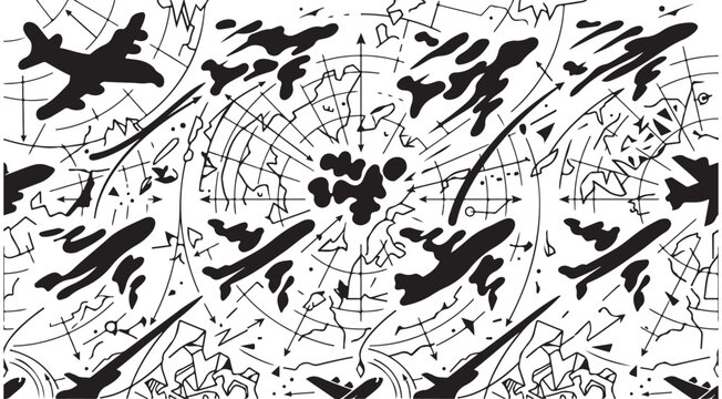 Aviation radar and airplane flight path vector pattern with aircraft silhouettes and navigation maps for military or air traffic control background