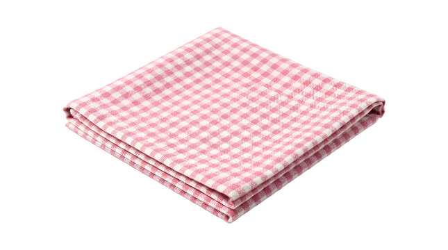 Pink and white gingham folded fabric napkin for picnic or kitchen use PNG Isolated on transparent background