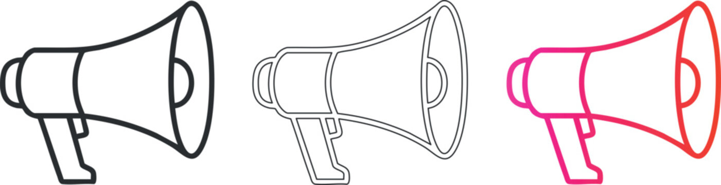Outline megaphone trio in linear design with red gradient accent