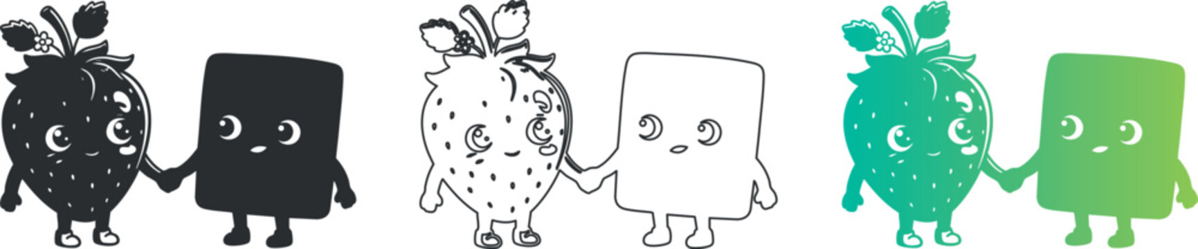 Cute strawberry and cube characters holding hands in four artistic styles