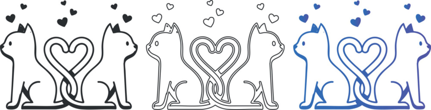 Cute cats with heart tails in various styles with heart accents