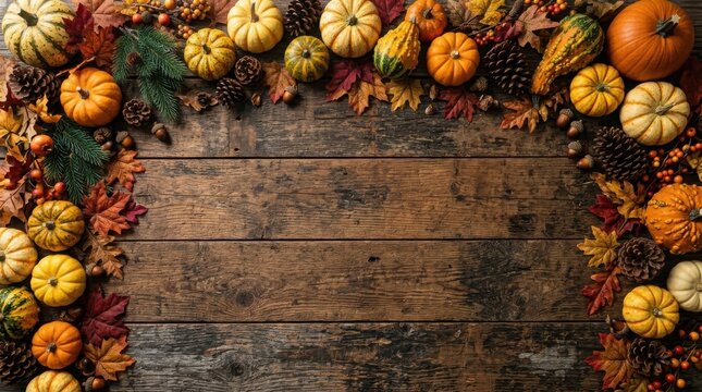 Festive thanks giving day frame pumpkins autumn leaves and pinecones on wood