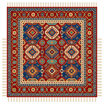 Traditional persian rug with intricate geometric patterns and ornate floral borders