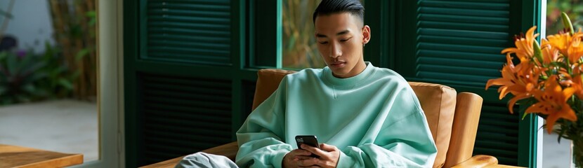 Obraz premium Young man relaxing on an armchair using smartphone in green sunlit interior for lifestyle banner and social media background