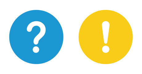 Question Mark and Exclamation Point Symbols: A blue circle with a white question mark stands beside a yellow circle with a white exclamation point, representing inquiry and emphasis. © SHUVO