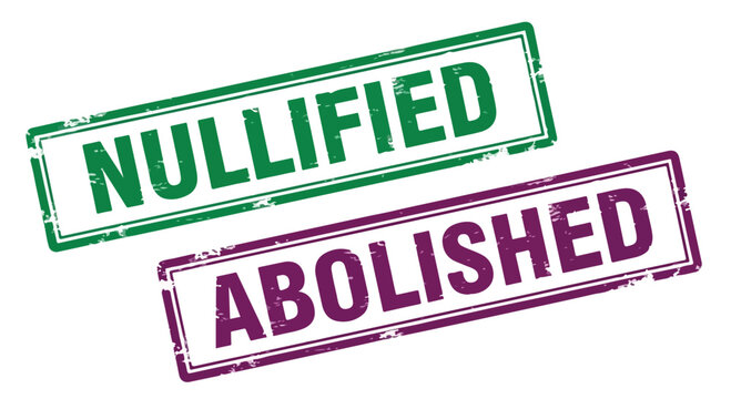 Graphic stamp design showcasing nullified and abolished text in green and purple colors.