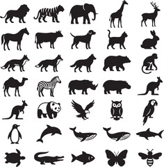 Obraz premium Black Animal Silhouette Collection Isolated on White Background