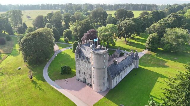 Sunny day landscape photography of Castle Fraser, Garden ، Estate in Inverurie, Aberdeenshire, Scotland, United Kingdom