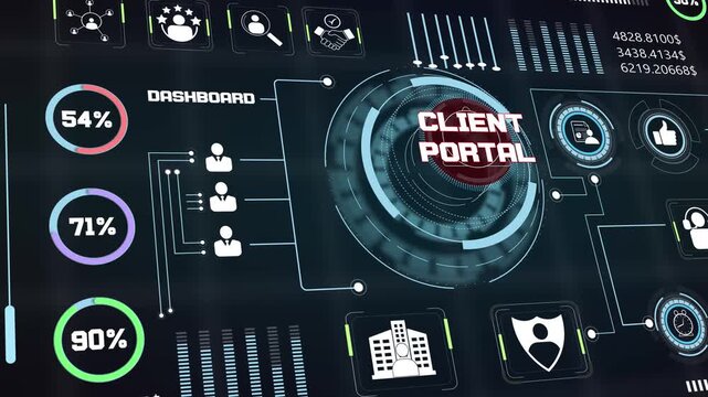 Centralized client portal monitoring screen displaying secure user administrative metrics with animated percentage graph loops