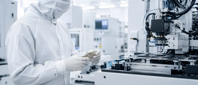 Semiconductor fab technician working inside advanced cleanroom manufacturing facility.