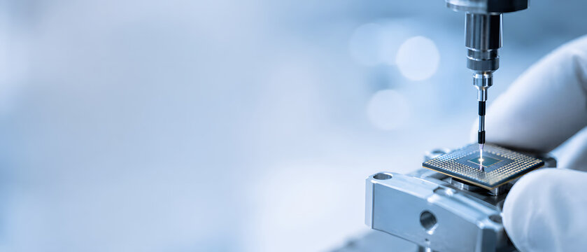 Microchip manufacturing probe testing a silicon chip in cleanroom conditions.