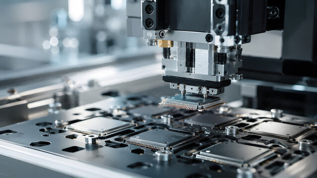 Automated microchip manufacturing machine assembling chips on production line.