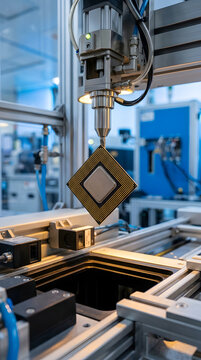 Robotic arm handling silicon chip in automated semiconductor factory.