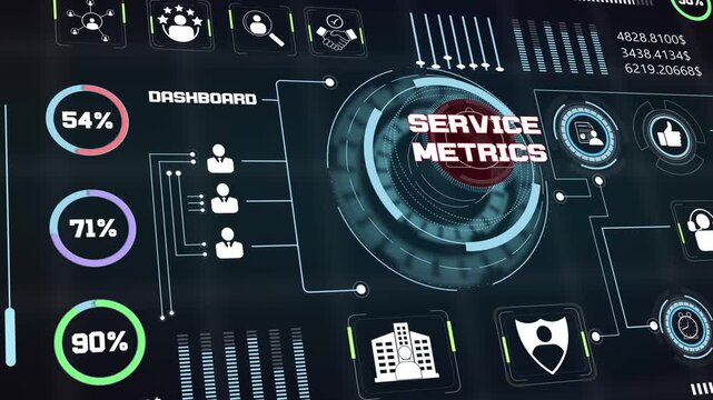 Corporate service metrics status screen visualizing operational efficiency values with glowing digital percentage charts