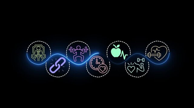 Health and longevity economy concept on the black background. A holistic approach to a healthy lifestyle and extended life expectancy. Motion graphics of longevity economy idea. 4k motion video.