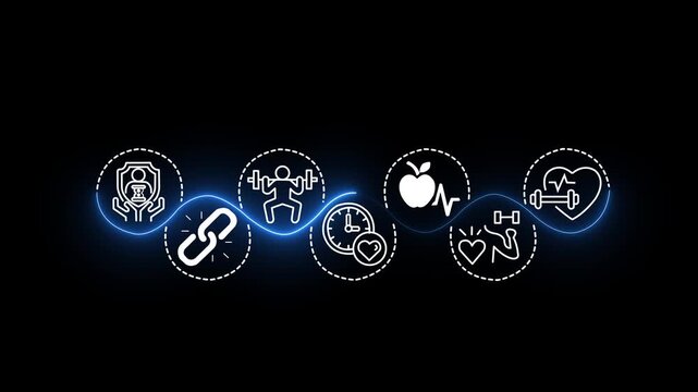 Health and longevity economy concept on the black background. A holistic approach to a healthy lifestyle and extended life expectancy. Motion graphics of longevity economy idea. 4k motion video.