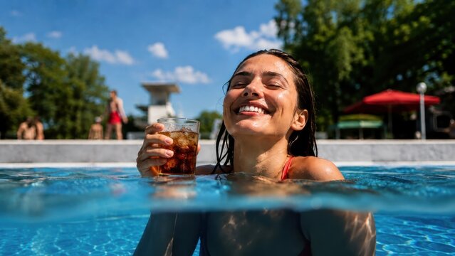 Gl&uuml;ckliche junge Frau genie&szlig;t im Pool ein kaltes Erfrischungsgetr&auml;nk. Sonnenschein, klares Wasser und ausgelassene Stimmung vermitteln Urlaub, Sommerfreude und entspannte Freizeit.