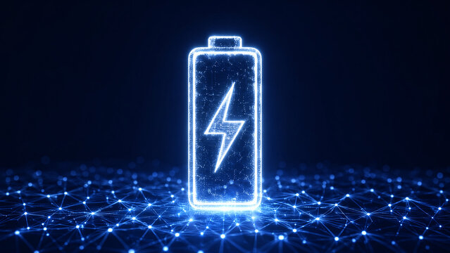 Glowing battery icon with lightning bolt on digital network background