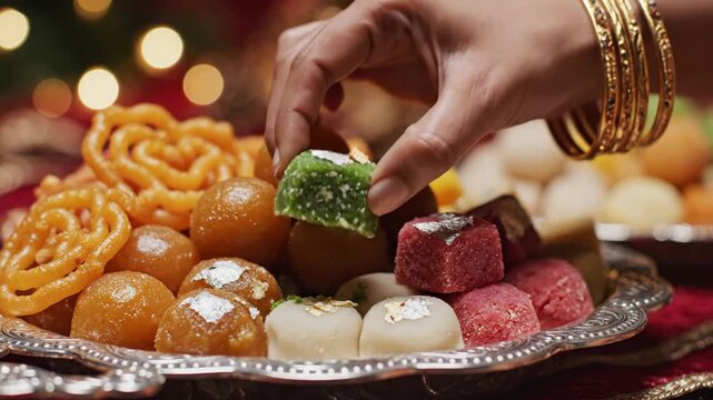 Hand reaching for Indian sweets on silver platter.