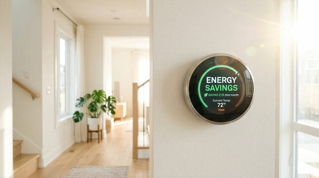 Smart thermostat displaying energy savings and temperature on wall in bright modern hallway