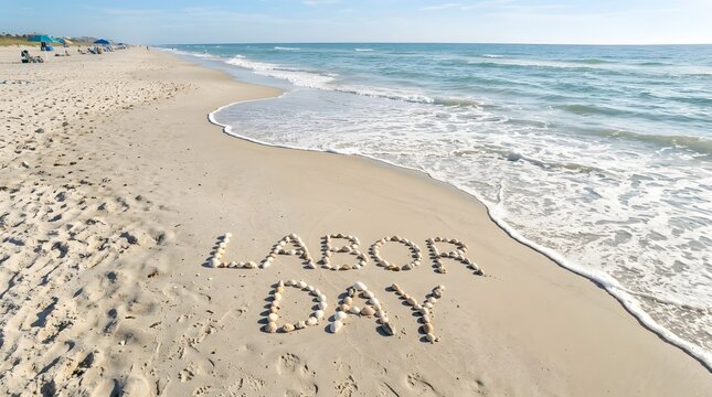 Labor day beach message in sand with ocean waves and blue sky