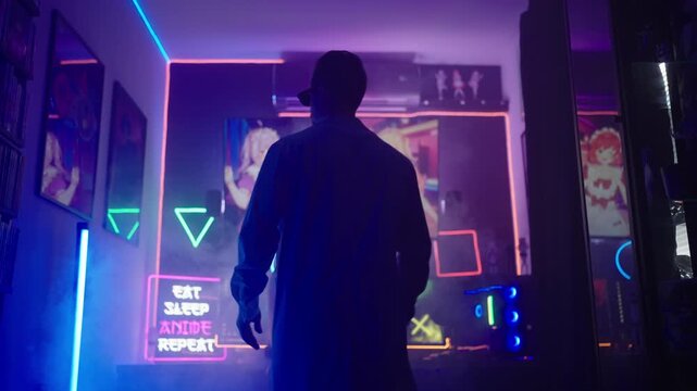Real Life Anime Villain With Glowing Glasses Stand In Front Television Screen 4K