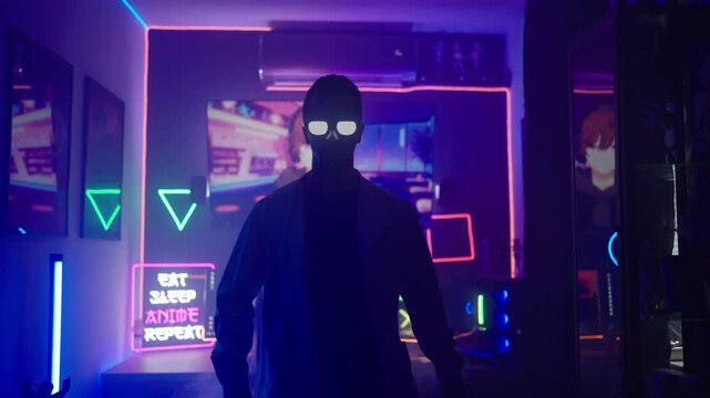 Real Life Anime Villain With Glowing Glasses Stand In Front Television Screen 4K