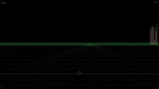 A seamless looping background featuring a retrofuturistic grid perspective with green horizon lines and vertical data streams.