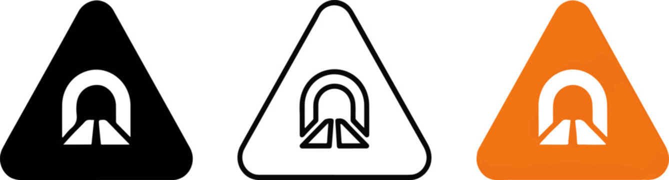 Set of tunnel warning road signs with different visual styles on white background triangle transport transportatio