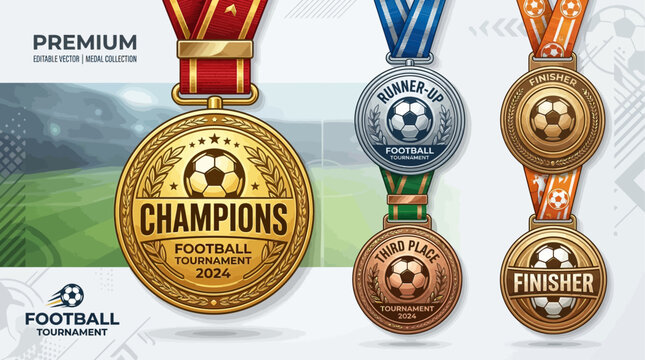 Football tournament championship medals first, second, and third place winner awards for a celebratory sports competition event