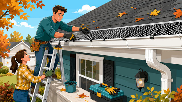 Roof Gutter Guard Installation Banner with Home Maintenance, Gutter Protection and Fall Roof Care