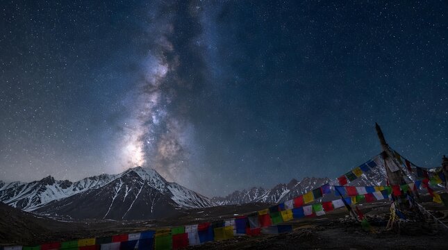 Milky Way Galaxy Starry Night Sky Over Tibetan Prayer Flags in Ladakh Landscape Photography