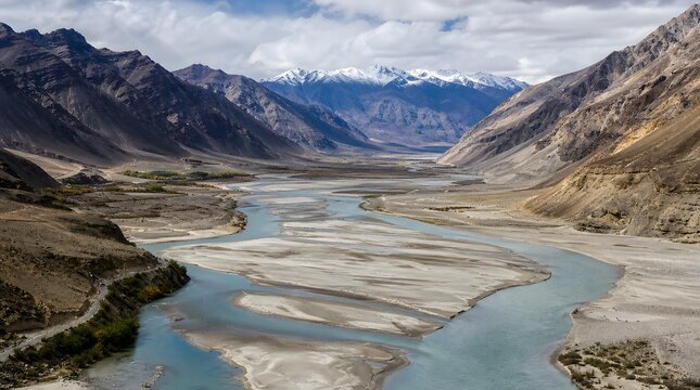 Indus River Winding Through Rugged Mountain Valley in Ladakh Landscape Photography