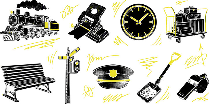 Vintage railway travel icons set, retro steam locomotive and train station elements, black and yellow hand drawn vector illustrations