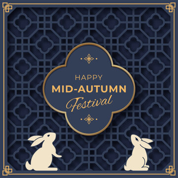 Decorative Mid Autumn Festival banner featuring two rabbits, traditional geometric pattern and elegant gold accents. Concept of Chinese holiday celebration