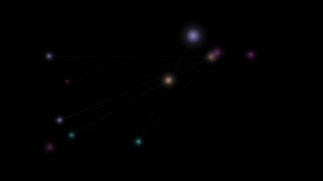 A seamless loop animation of glowing nodes connected by faint lines creating a dynamic network on a black background.