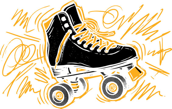 Vintage roller skate vector illustration, retro quad skate with orange laces, hand drawn sketch of classic roller skating boot for apparel design