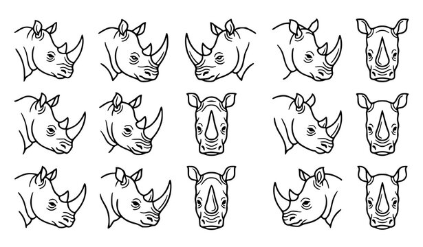 Cute rhinoceros head outline collection with multiple facial expressions and hand drawn wildlife character illustrations