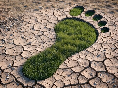 Conceptual representation of ecological sustainability showing a vibrant green grass footprint embedded within a parched cracked desert earth landscape