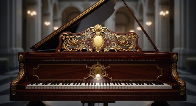 Detailed view of ornate gold piano front panel.