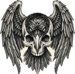 Obraz premium Raven bird skull with wide feathered wings feathers illustration mystical